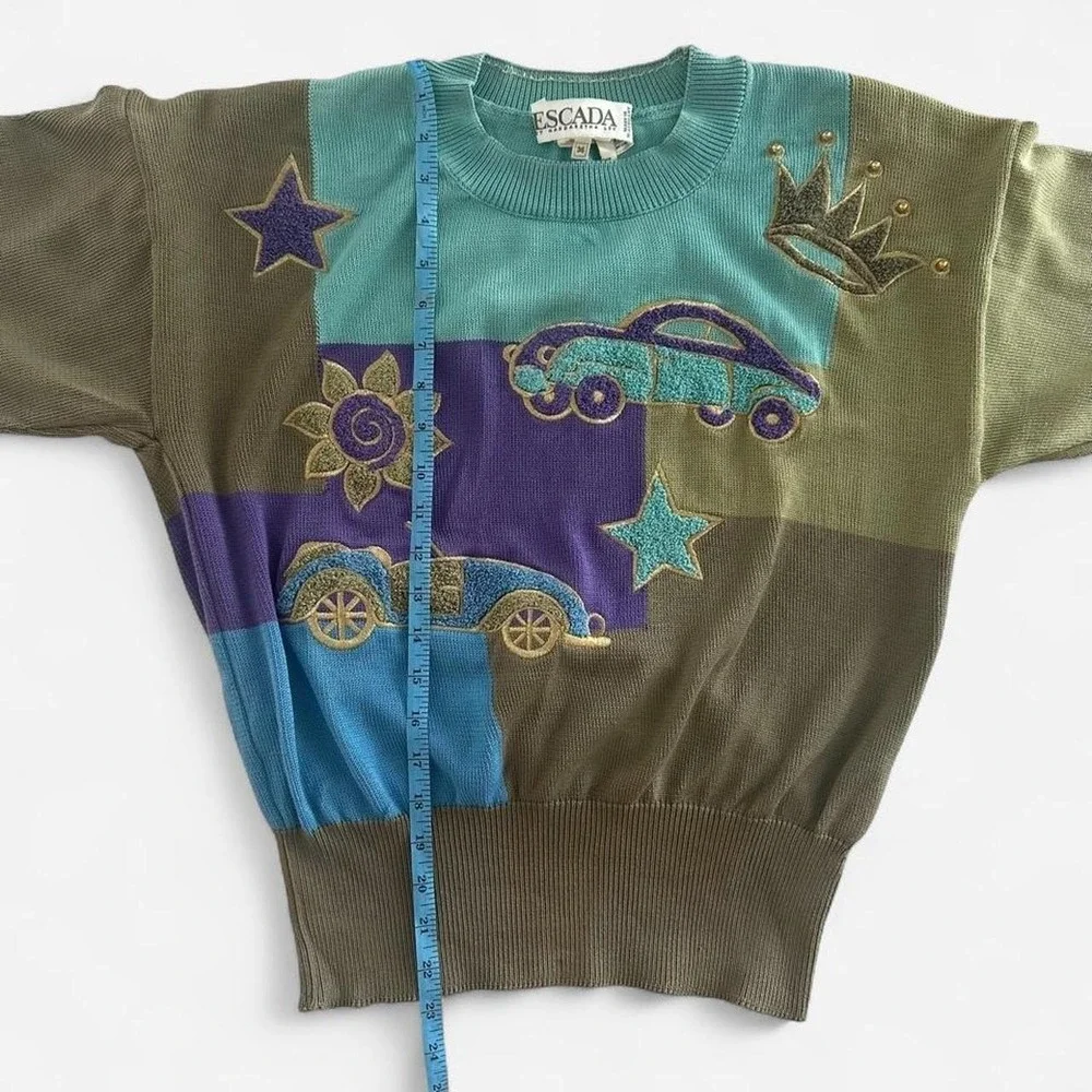 Escada Margaretha Ley Vintage Colorblock Car Applique Sweater W-Germany 80s